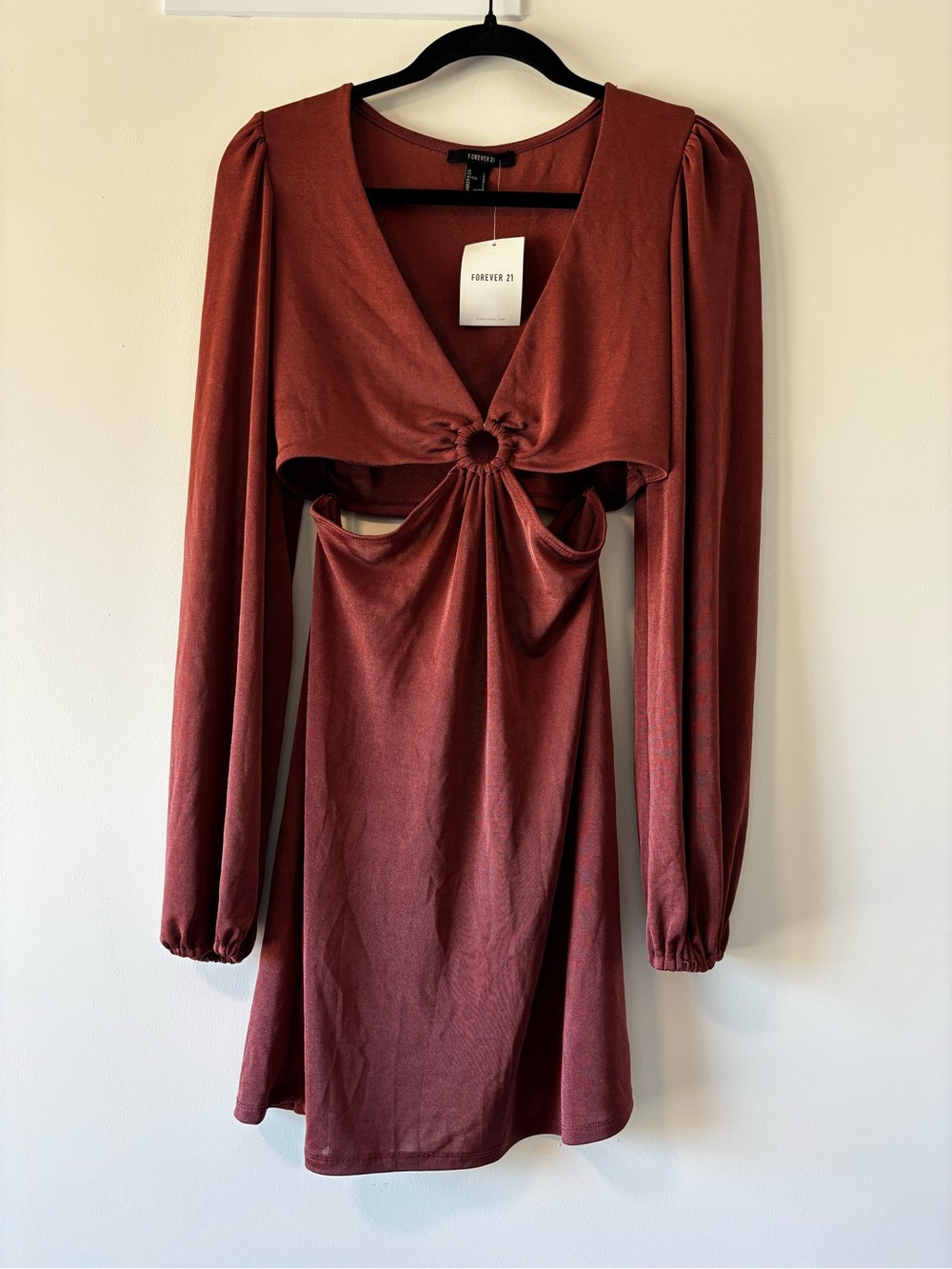 NWT Forever 21 Long-Sleeve Cutout Mini Dress Rust Brown Large